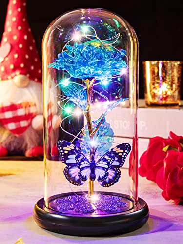 Presentes de aniversário para mulheres, mãe, vidro galáxia, rosa, eterna, flor de cristal iluminada, rosa em cúpula de vidro com borboleta, Dia das Mães, Natal, rosa, presentes para sua esposa, filha