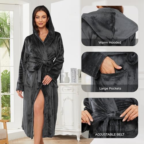 Image of Womens Long Hooded Fleece Robe, Soft Warm Spa Bathrobe for Cozy Lightweight Loungewear