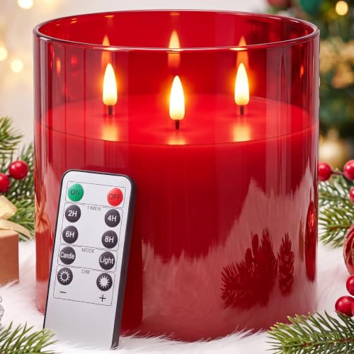 Image of Retisee 6'' x 6'' Extra Large Flameless Candles, 3 Wick Glass Large Fall Candles with Remote Control and Timer Function, Real Wax LED Pillar Flickering for Autumn Party Decor(Classic,Red,1 Pcs)