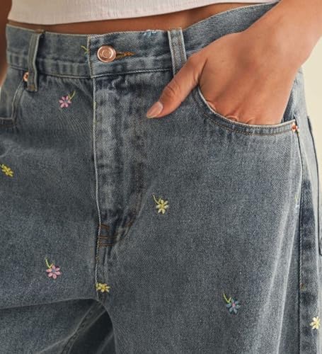 loveimgs Women Boyfriend Baggy Barrel Jeans Mid Rise Wide Leg Jeans Embroidered Denim Ankle Pants Patchwork Sweatpants Y2k4