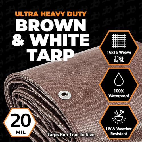 Image of Xpose Safety 10' x 20' Brown /White Ultra Heavy Duty Tarp - 20 Mil - Extra Large, Waterproof Tarp Cover Rain Camping,Tent Tarp,UV Protection,Reinforced Corners