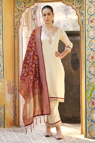 Image of VredeVogel Women's Embroidered Chanderi Silk Jacquard Straight Kurta Pant Set with Dupatta | Perfect for Festive & Casual Ethnic Wear Kurta Set