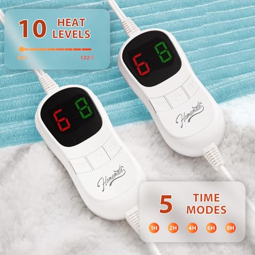 Image of Homemate Electric Heated Blanket Queen Size - 84 inchx90 inch Heating Blanket Queen Size Dual Control 1 /2 /4 /6 /8 Hours Auto-Off 10 Heat Level Over-Heat Protection Soft Flannel Sherpa ETL Certification