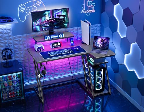 HOMIDEC Gaming Desk with LED Lights, 100CM Computer Desk with Monitor Stand, L Shaped Corner Desk with Headphone Hook and Shelves for Gaming Room, Bedroom, Office, Black - Image 3