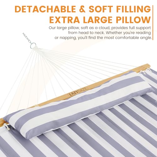 Image of Lazy Daze Hammocks 12FT Quilted Fabric Double Hammock with Spreader Bars and Detachable Pillow, 2 Person, 450 lbs Capacity, Gray White