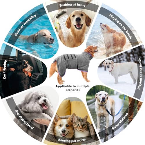 Euakee Hundebademantel, Dry Fast Dog Robes Mantel Super saugfähig, Verstellbarer Kragen & Bauchgurt Schnell trocknender Mantel Haustier Hund Katze Bademantel Handtuch, Grau (2XL)
