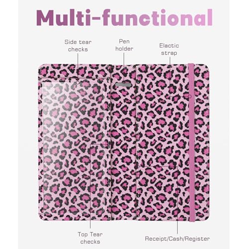 Image of Checkbook Cover for Men Women, Premium Leather Checkbook Holder with RFID Blocking and Built in Clear Plastic Divider for Personal and Business Checks (Leopard-Pink)