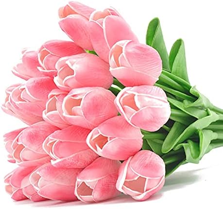 20pcs Artificial Tulips PU Touch Single Stem Tulip Fake Flower Bouquet Arrangement for Home Party Wedding Decoration (Pink)
