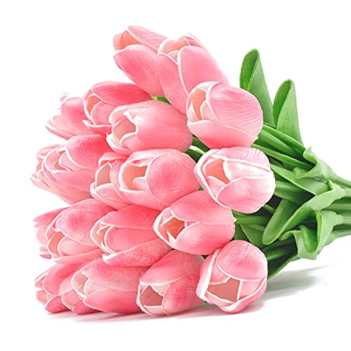 20Pcs Artificial Tulips Pu Touch Single Stem Tulip Fake Flower Bouquet Arrangement For Home Party Wedding Decoration (Pink) #TOP1