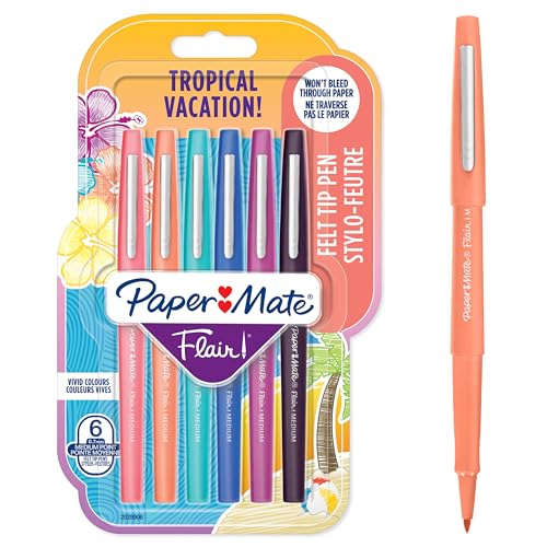Paper Mate Flair Stylos feutres | Feutres de coloriage sans fuite à pointe moyenne (0,7 mm) | Idéal pour écrirecoloriage (adultes et enfants)scrapbookingetc. | Couleurs Tropical | Lot de 6