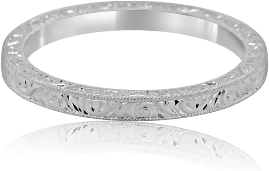 SilverDia Vintage Style Art Deco Filigree Milgrain Victorian Hand Engraved Eternity Wedding Band For Women 14K White Gold Plated Modern Matching Jewelry 925 Sterlig Silver Handmade Friendship Band