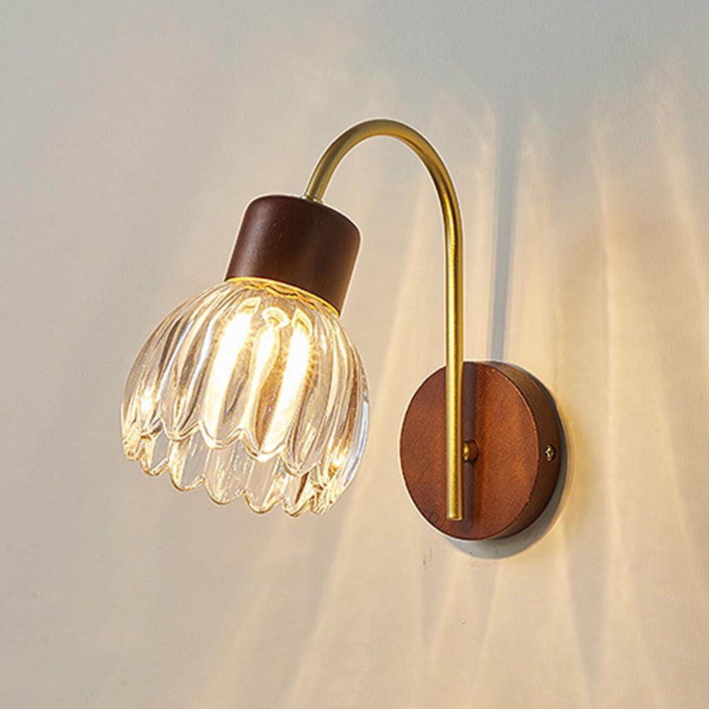Drewniana lampa ścienna do wnętrz E27, vintage, kinkiet, złoty, z kloszem ze szkła kwiatowego, industrialna lampka nocna, dekoracyjna lampa ścienna w stylu retro do sypialni, salonu, stolika nocnego