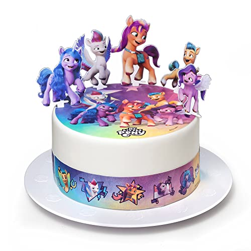 Décoration de gâteau My little Pony avec rubans en sucre et figurines |Papier comestible décoration gâteau | Déco de gateau comestible amusantes pour anniversaire |20cm + 3 rubans 28x5cm + 4 figurines