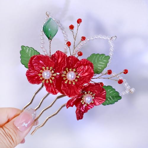 Peine decorativo rojo floral para boda con perlas miniatura 6