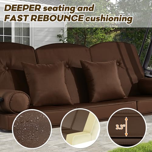 Image of 3 in 1 Outdoor Porch Swing with Canopy, 3 Seat Outdoor Swing for Adults, Patio Swing Chair with Thickened Cushions,Pillows & Cup Holders for Backyard, Porch, Garden (Brown)
