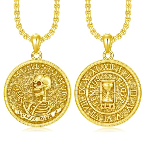 PELOVNY Memento Mori Necklace 925 Sterling Silver Stoic Skull Coin Pendant Necklace Carpe Diem Stoicism Skeleton Jewelry Gifts for Men Women Unisex