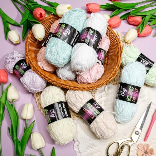 Image of Fanfanwin 10 Rolls Glow in The Dark Chenille Yarn Magic Luminous Crochet Fancy Yarn Glow Sewing Craft for DIY Arts Crafts Christmas Winter Knitting Sewing Crocheting Supplies, 76.5 Yard Per Roll