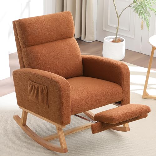 Image of HCHAIRH Rocking Chair Nursery with Foot Rest, Nursing Rocking Chairs for Mom Nursery, Teddy Rocker Glider with High Backrest for Living Room, Bedroom, Brown