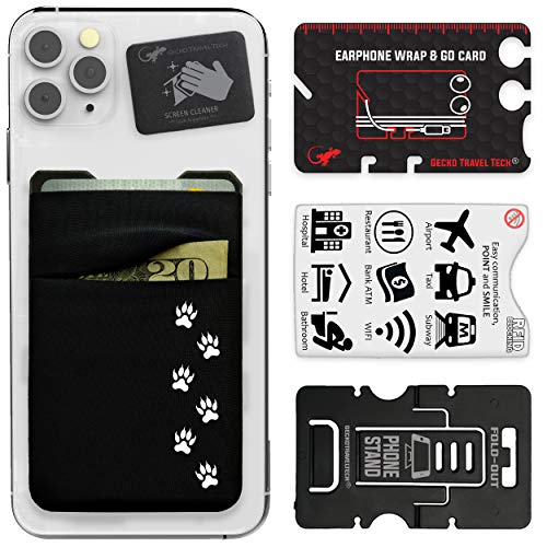 Cartera de teléfono Gecko u0096 Soporte para teléfono u0096 Tarjetero Adhesivo para móvil u0096 Dos Bolsillos u0096 Bolsillo para teléfono de Lycra u0096 Portador de Tarjetas de crédito y Efectivo u0096 Pata DE Gato-Negro