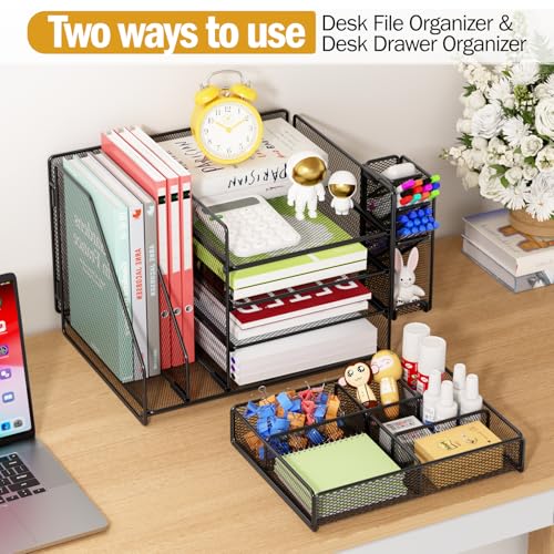 7 code Desk Organizer with File Holder, 5-Tier Letter Paper Tray Organizer with Drawer & Pen Holders, Desk Accessories Organizers and Storage, 2 Magazine Holder for Office Supplies image 1