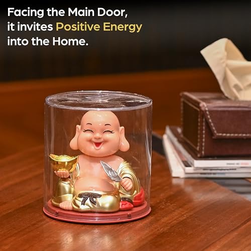 Image of ZAICUS Laughing Buddha Showpiece Holding Ingot & Fan | Home & Office Decor | Golden Baby Monk IdolFeng Shui Vastu Decorative Figurine for Good Luck & Prosperity | Gift for Housewarming