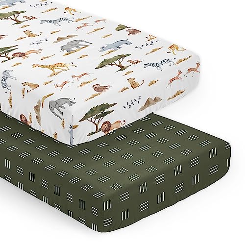 Image of Sweet Jojo Designs 2-Piece Baby Crib Sheets Set (Jungle Safari Animals) for Boys or Girls, Infant Nursery, Toddler Room - Standard Size (Neutral, Wildlife, Animal, Elephant, Zebra, Lion, Mountains)