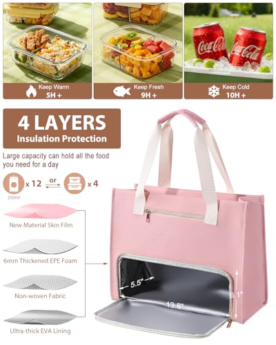 Bnlcd Lunch Tote Bag for Women - 15.6 Inch Laptop Work Bag with Insulated Lunch Compartment - Large Capacity Quilted Computer Handbag - Leakproof Lunch Box for Women dults, Pink-white - image 3