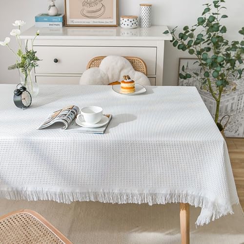 Nappe rectangulaire 130x180cm blanche en polyester solide à franges Ele White - 2