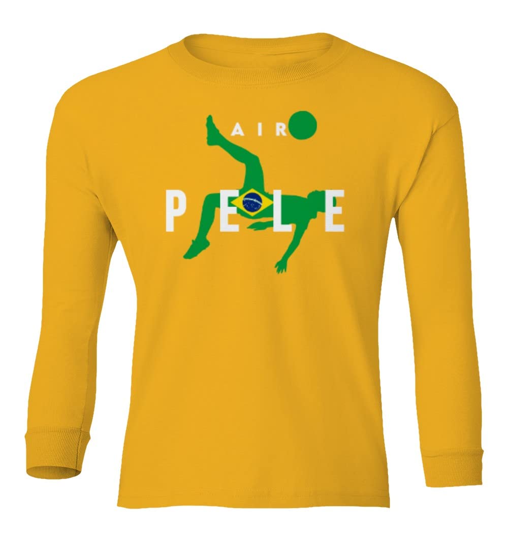 FLAURA Air Pele Soccer Legend Brazil Tribute Memory Youth Long Sleeve T-Shirt (Gold, Youth Medium)