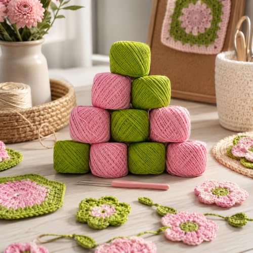 Image of Crochet Cotton Thread Yarn Combo, 10 Rolls for Knitting, Crochet, Embroidery and Craft Making, Soft Decorative Thread for Handmade DIY Projects, Pink & Green