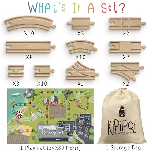 Image of KipiPol Wooden Train Tracks Set - 52 pcs+Bonus Railroad Map -Compatible W All Major Wooden Railway Toy Brands Including: Thomas The Train Track Set, Brio Train, Melissa and Doug Train Set for Kids 3+