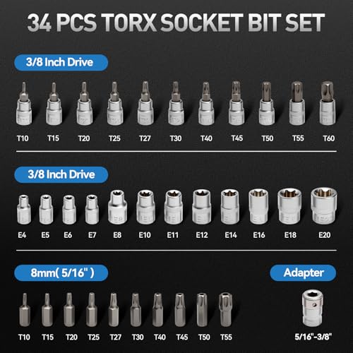 Image of 34-Piece 3 /8'' Drive Torx Star Bit sockets CR-V E-Socket Set, E4-20, T10-60, Tamper Proof Set TT10-TT55, 5 /16 inchF to 3 /8 inchM adapter with Storage Case,S2 Steel, Ideal for Car,Trucks,Home Improvement
