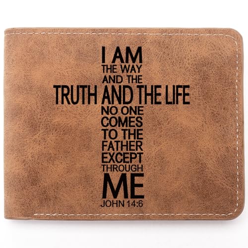 TZYTHT Carteira masculina de couro para presentes cristãos, carteira de couro personalizada gravada, versículo bíblico, fé, religioso, presentes inspiradores de aniversário, JOHN 14:6, Presentes