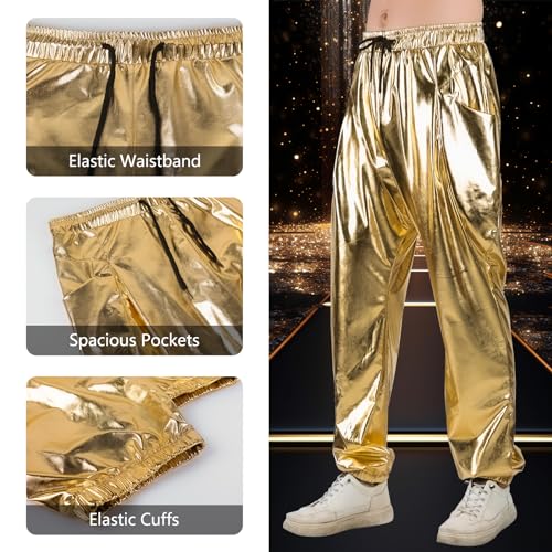 Mens Metallic Pants Disco Outfit Drawstring Waistband Rave Trousers Sequin Joggers with Pockets3