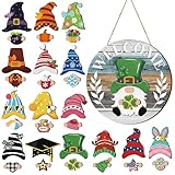 Qunclay Interchangeable Wooden Gnome Decor Holiday Seasonal Gnome Decorations with Magnet Pieces and Detachable Hats Changeable Welcome Sign for Home(Cute Style)