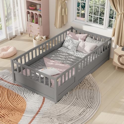 CITYLIGHT Twin Floor Bed with High Rails, Wood Montessori Floor Bed with Door Design, Kids Twin Bed Frame with Bed Slats for Boys Girls Children, Grey