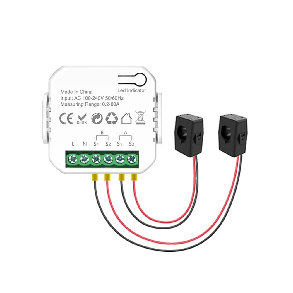 Medidor de Potencia Inteligente Tuya Wifi con Abrazadera para Transformador de Corriente, Medidor de Energía de 2 Canales 80A, Vatímetro para Hogar Inteligente