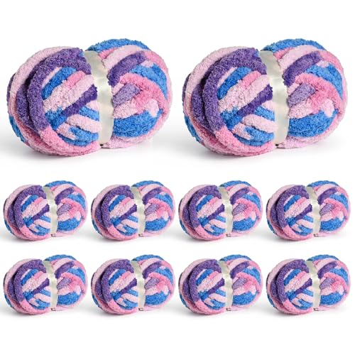 Image of 10 Pack Jumbo Chunky Yarn for Hand Knitting, Fluffy Chunky Chenille Yarn for Crocheting, Variegated Chunky Knit Baby Blanket Yarn, 240 yds /70.5 oz Super Bulky Yarn (Blue-Pink-Purple)