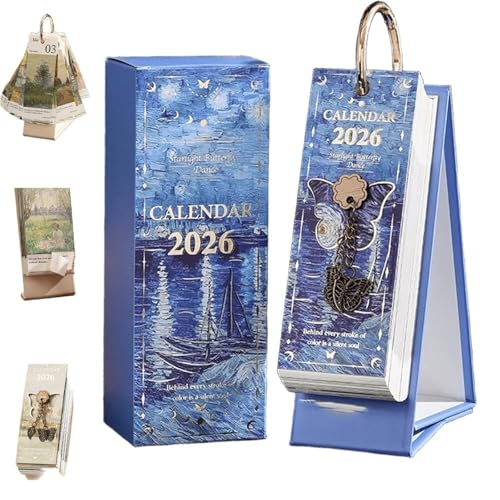 Calendario de escritorio 2026 vintage organizador mensual de mesa azul con pintura al óleo artística