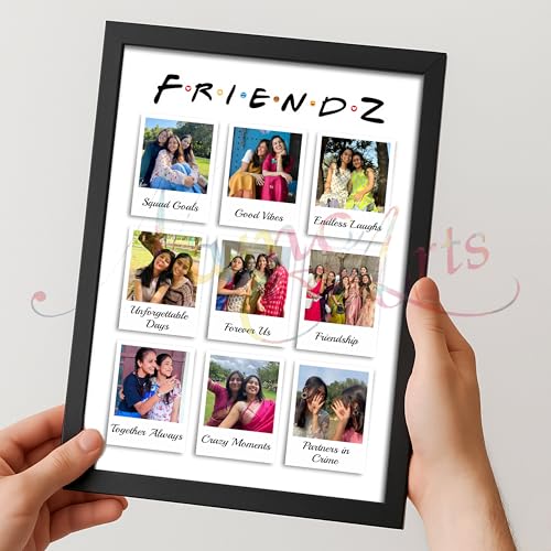 Image of Personalized FRIENDZ Polaroid Style Collage Photo Frame | Customised 9-Photo Portrait Layout for Best Friends, Girls & Cousins | Cute Aesthetic Grid | Birthday, Farewell & College Memories Gift | Glare-Free Laminated Wooden Frame | A5 /A4 /A3