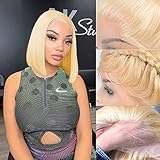 Akcswo 13X4 Blonde Frontal Bob Wig Human Hair Pre Plucked Bleached Knots 150% Density 613 Lace Front Wig Human Hair Bob Straight 613 Short Bob Wigs Human Hair for Women 10 inch