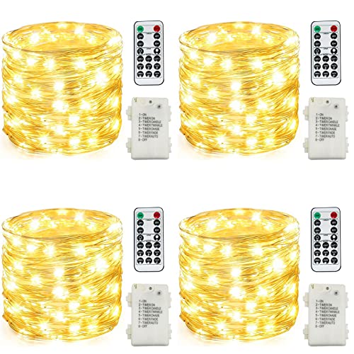 Fairy String Lights Battery Operated 4 Pack 33FT 100 LED Silvery Wire Twinkle Firefly Lights with 8 Modes Remote Timer Waterproof for Bedroom Party Christmas Wedding Garden Patio Home Decoration