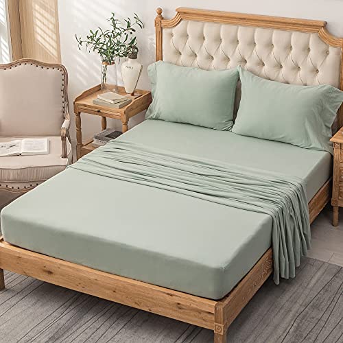 PURE ERA Jersey Knit 4pc Bed Sheet Set 100% T-Shirt Cotton Super Soft Comfy Breathable Fits Mattress Up to 20" Extra Deep Pocket (Solid Sage Green, Cal King)