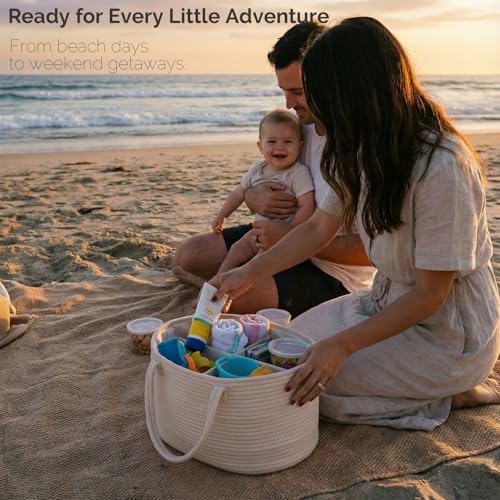 Image of luxury little Diaper Caddy Organizer, Large Cotton Rope Nursery Baby Basket, Changing Table Organizer for Baby Diaper Storage, Portable Car Organizer Removable Divider (Oatmeal, Large)
