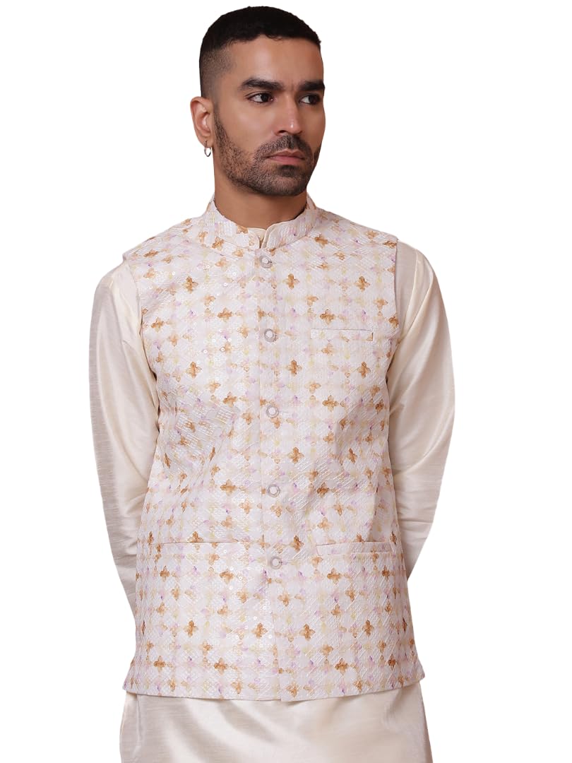 jompers Floral Printed and Embroidered Nehru Jacket for Men-picture-11