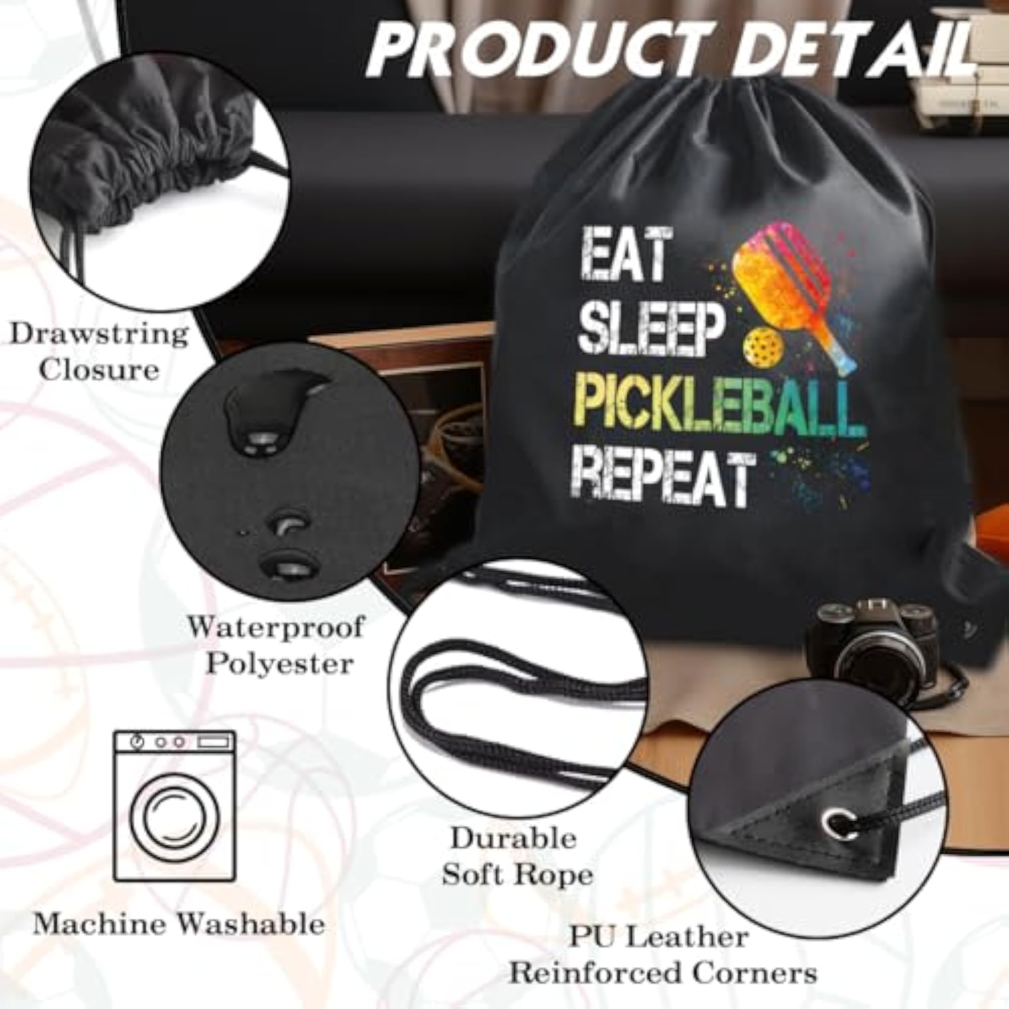 Eat Sleep Pickleball Repeat Drawstring Backpack