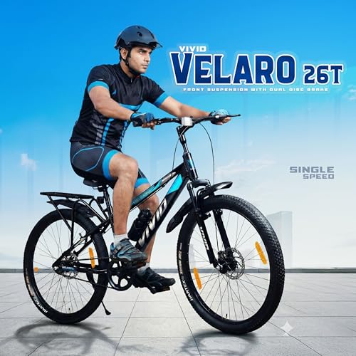 Image of Leader Vivid Valero 26T IBC Single Speed Cycle for Men with Front Suspension & Dual Disc Brakes | Bicycle for Men | City /Mountain Bike with Carrier & Steel Frame | Ideal for 10+ Years - Black