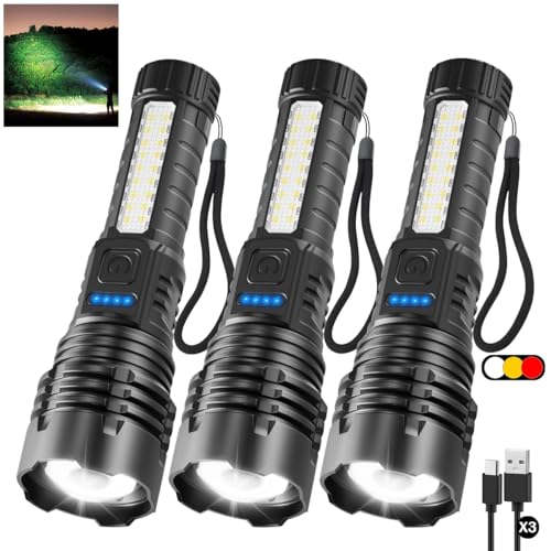 3Pack Rechargeable Flashlights, 7Mode Flashlights High Lumens, Super Bright LED Flashlight, Adjustable Tactical Flash Light, High Powered Flash Light, Handheld Flashlight for Home Emergency Camping
