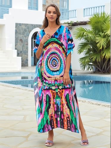 Image of IMAGEKOPE Kaftan Dresses for Women Plus Size Bathing Suit Cover up Vneck Batwing Dress Loose fit Moroccan Caftan mumu Dresses