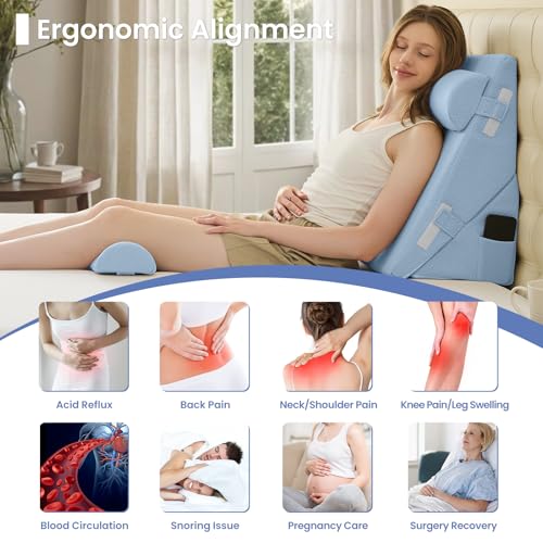 Sasttie Wedge Pillow Set for After Surgery, 4PCS Adjustable Bed Wedge Pillow Headboard with Memory Foam Neck Cushion – for Acid Reflux, Sleeping, Neck & Back Support, Blue